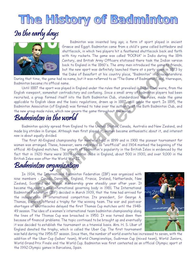 The history of Badminton (answer key)