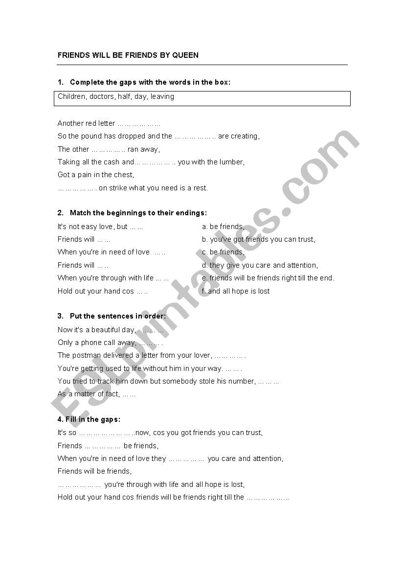 Friends will be friends  worksheet