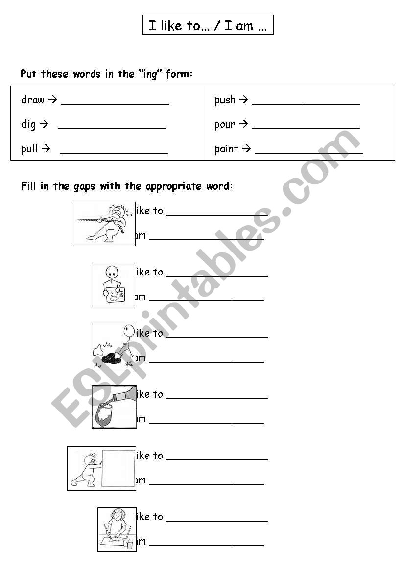 I like to / I am worksheet