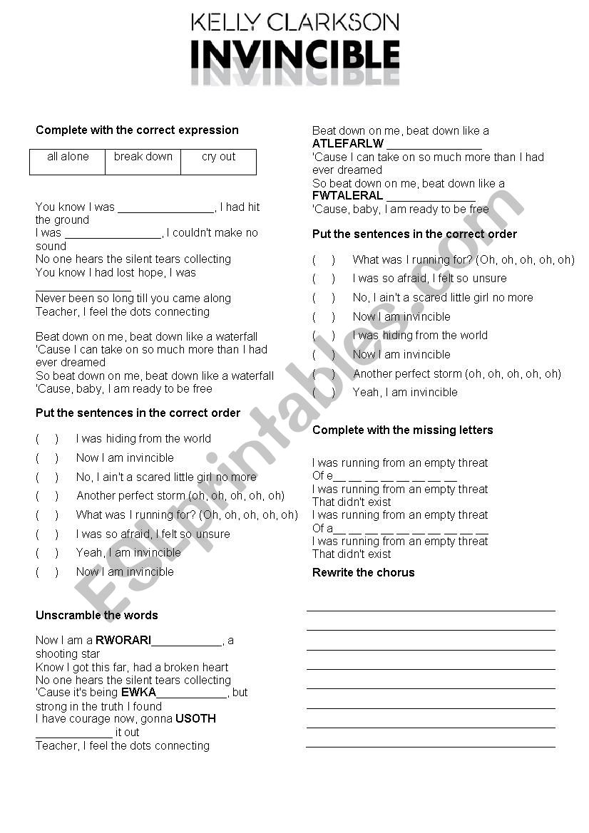 Kelly Clarkson Invincible worksheet