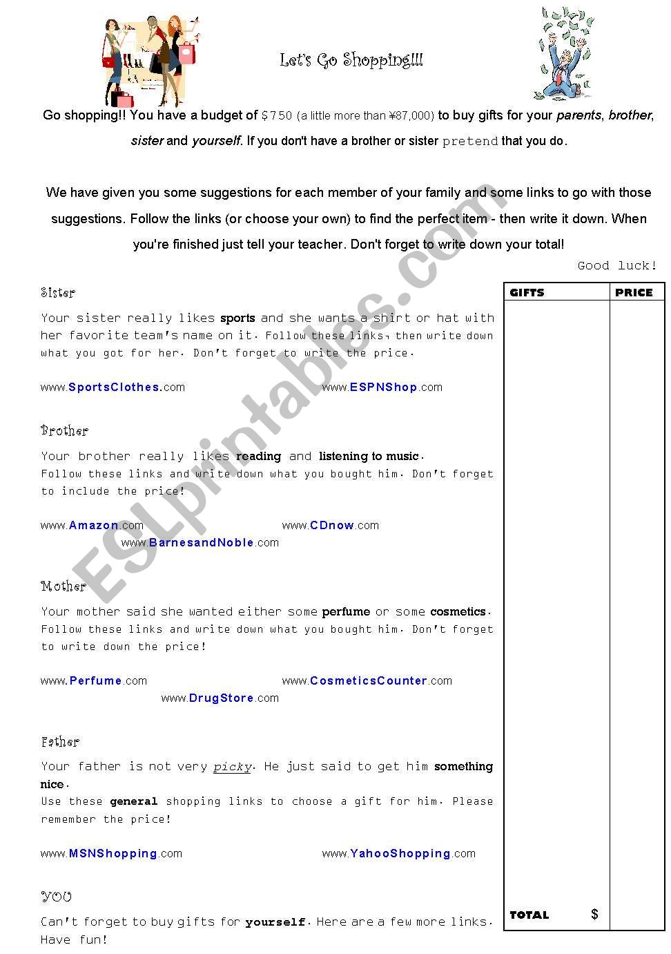 Internet Shopping worksheet