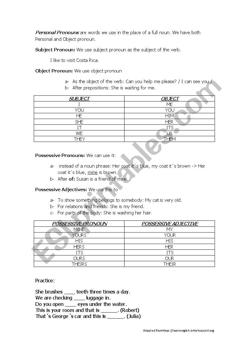 Pronouns worksheet