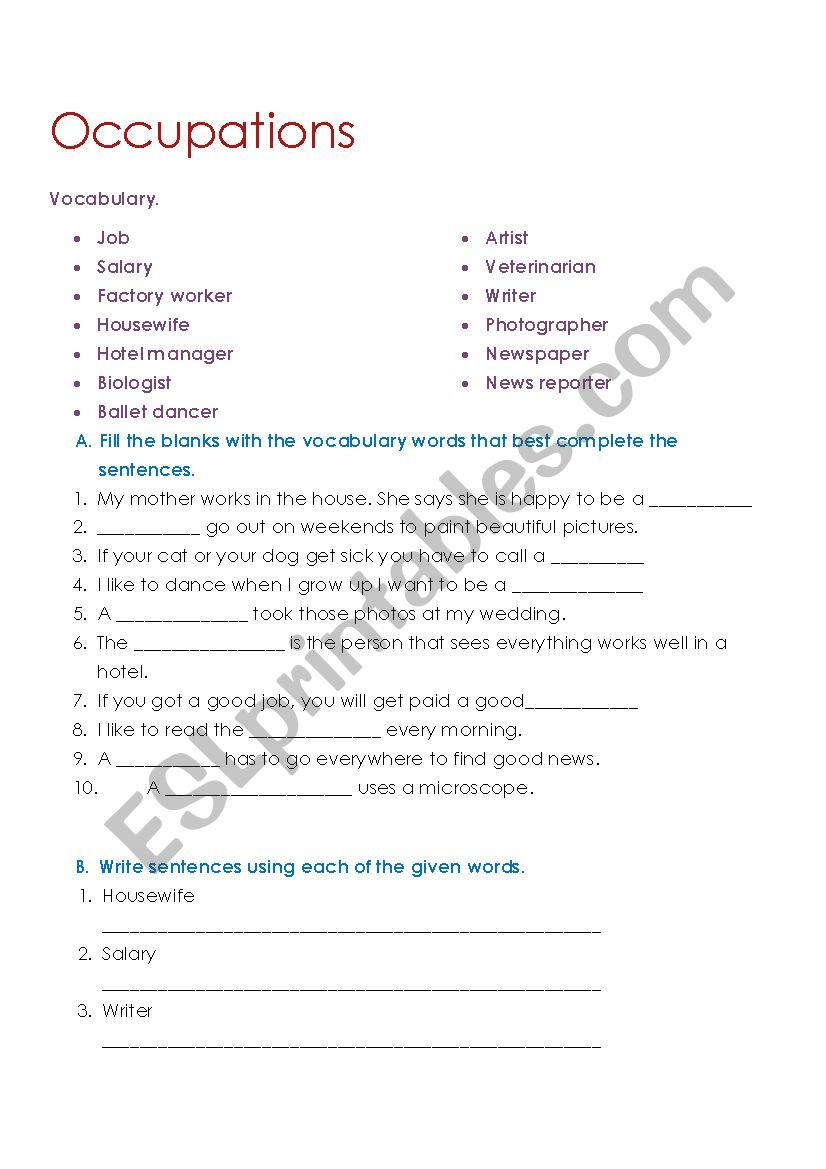 occupations worksheet