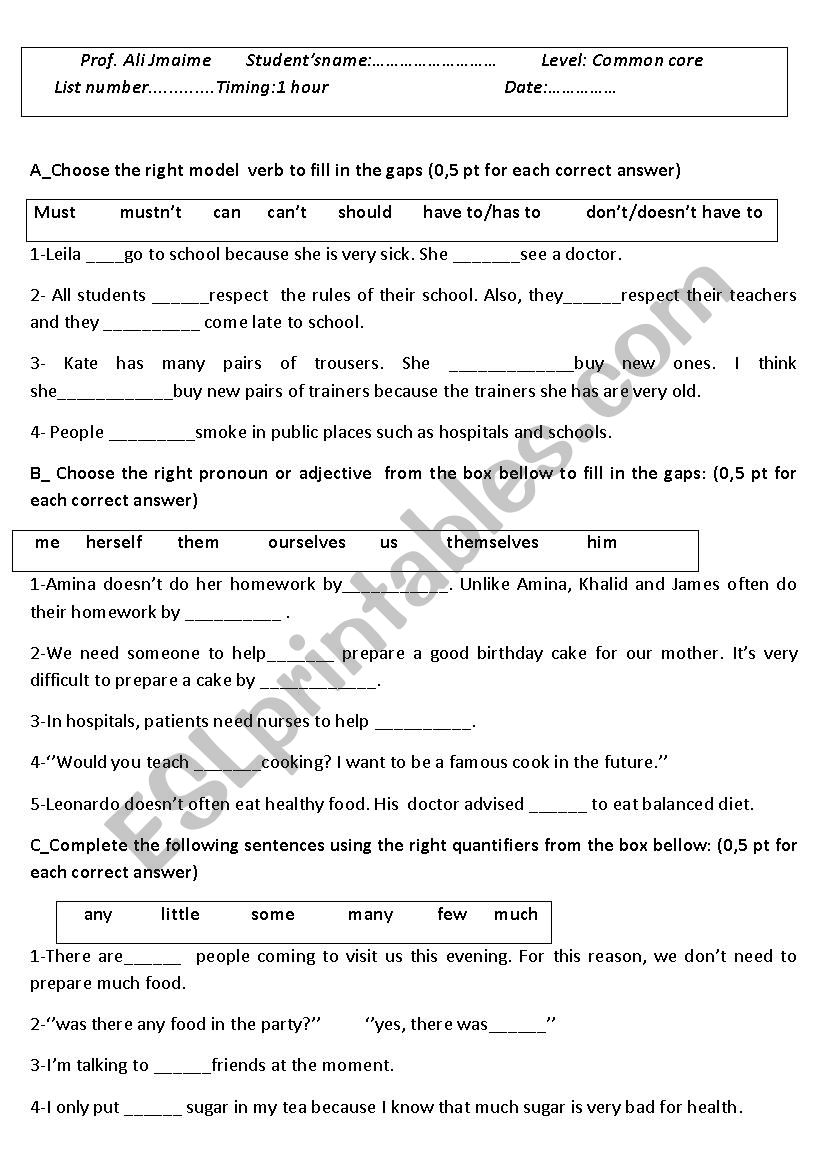 grammar test worksheet