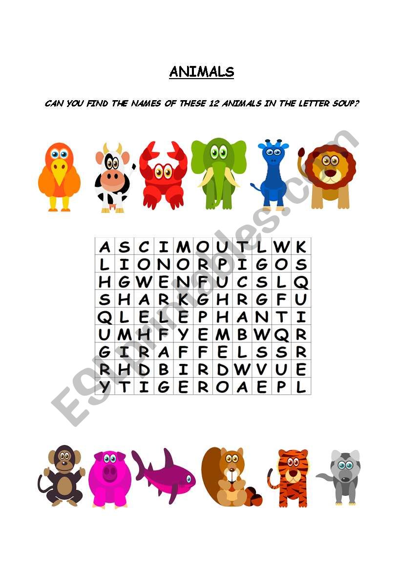 ANIMALS - LETTER SOUP worksheet