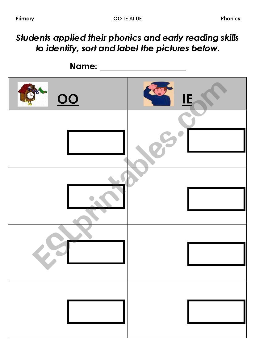 Phonics Cut and Paste Activity (OO IE AI UE)