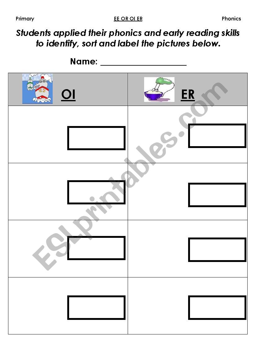 Phonics Cut and Paste Activity (EE OR OI ER)