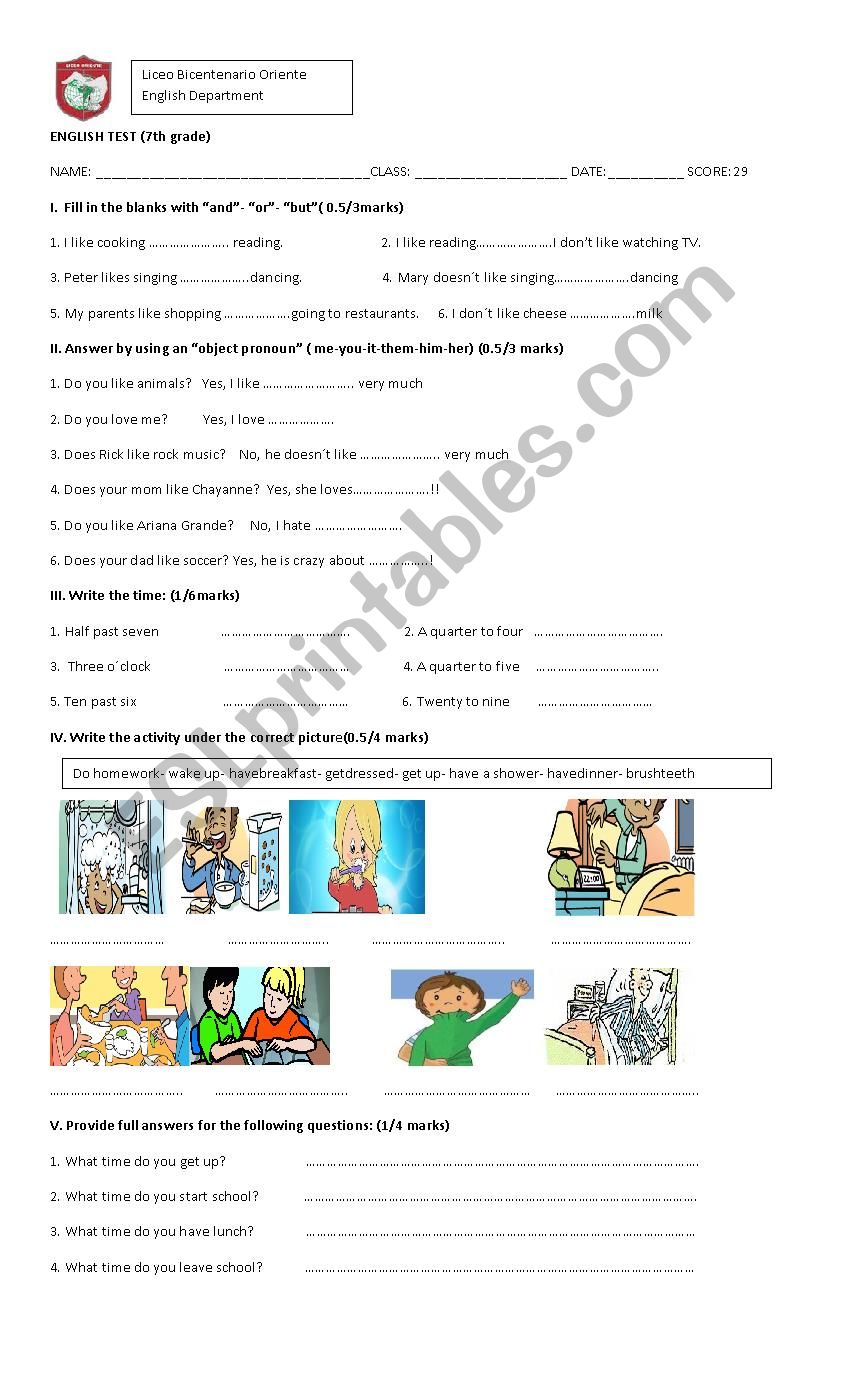 test seventh grade worksheet