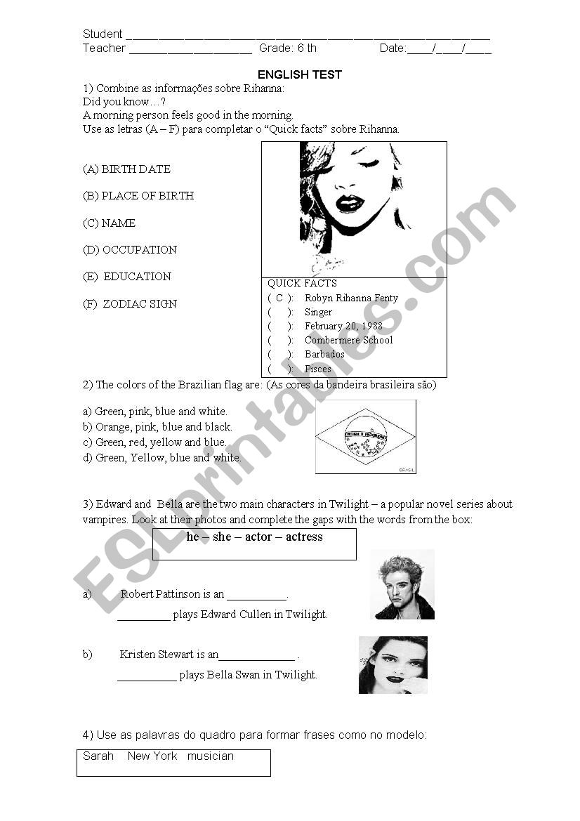 Test 6th worksheet