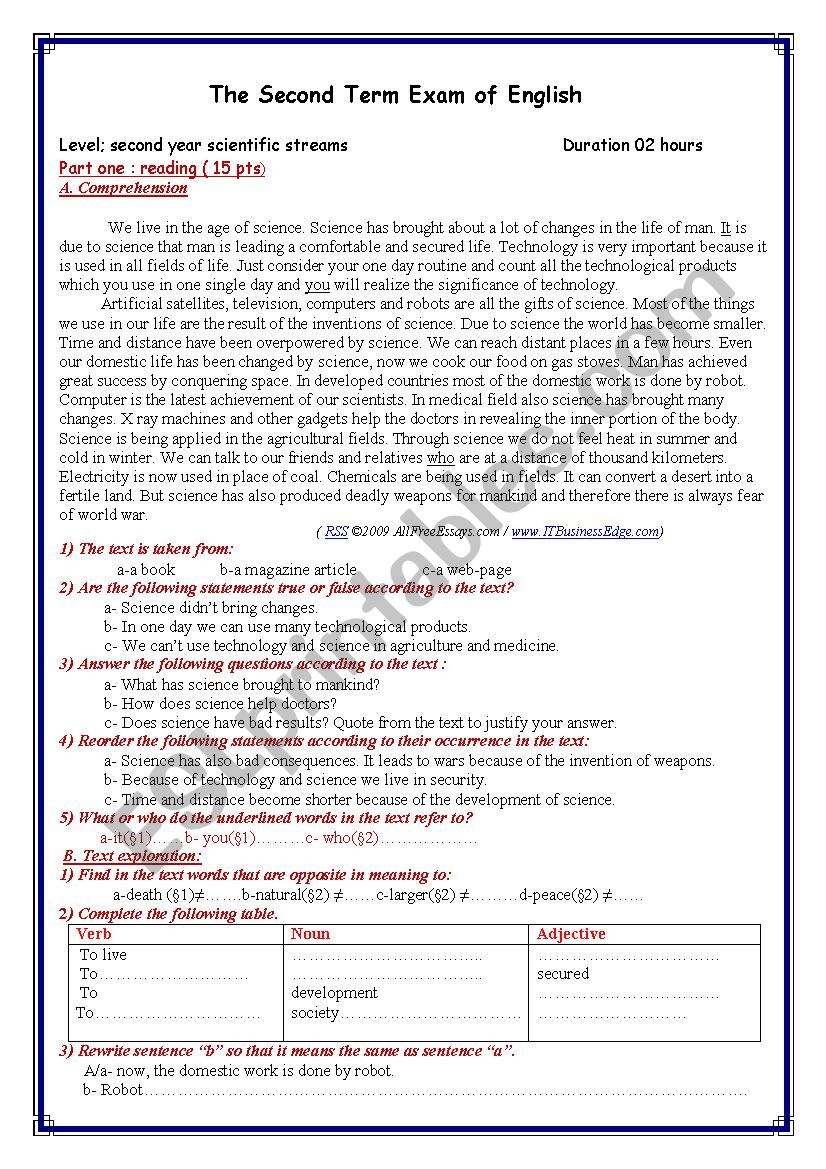 the second term exam of englishabout science 