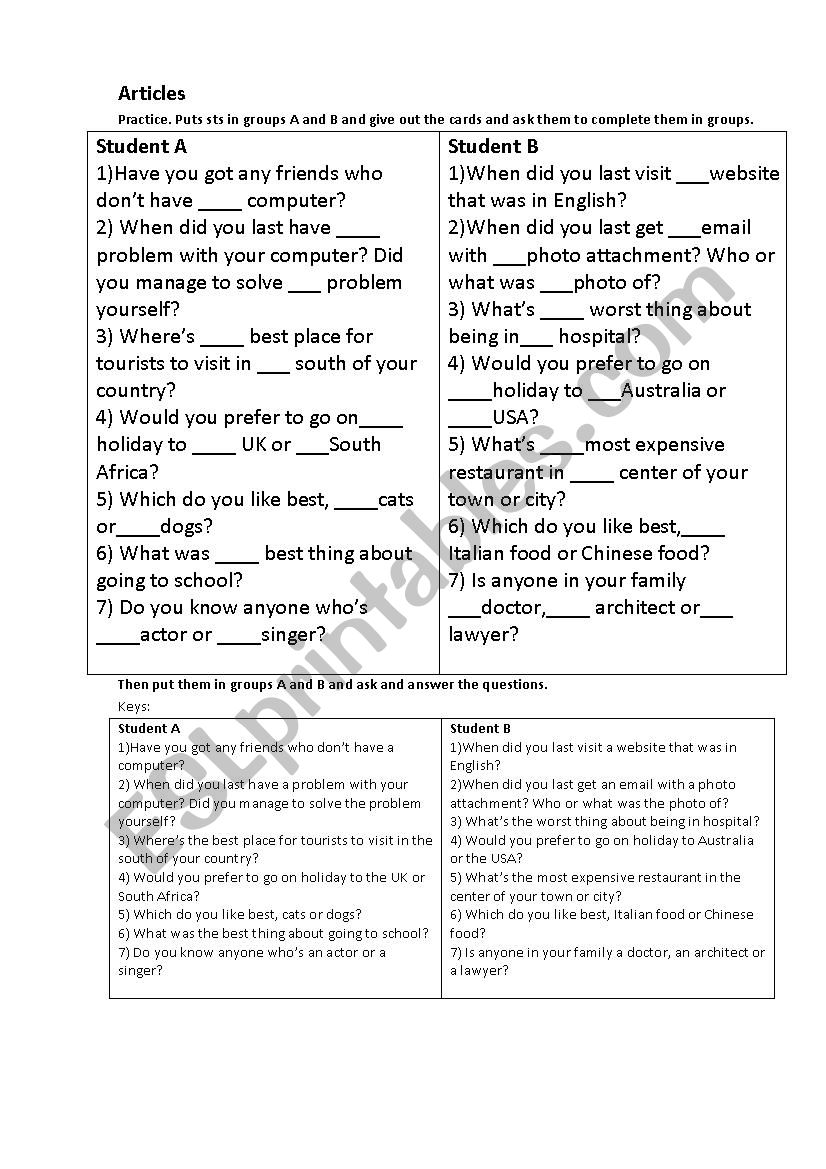 articles worksheet