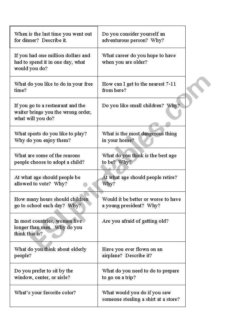 Speaking cards worksheet