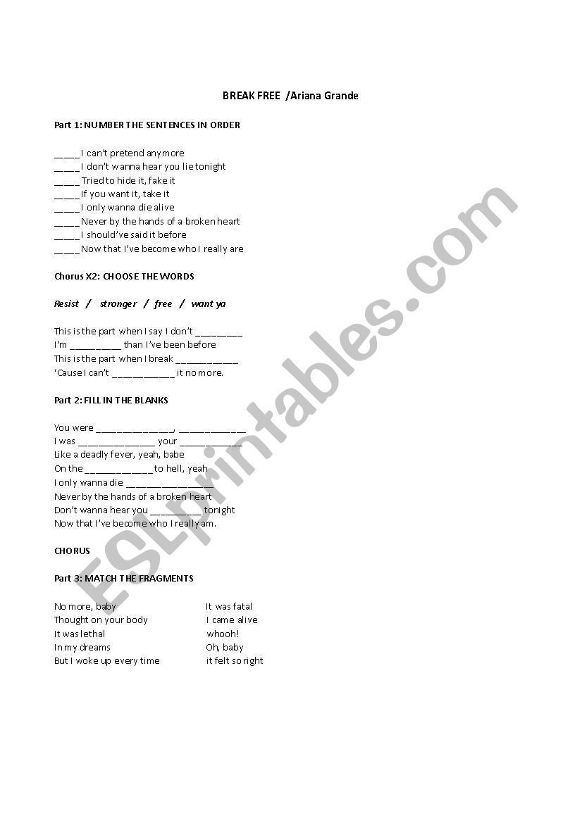 Ariana Grande / Break Free worksheet