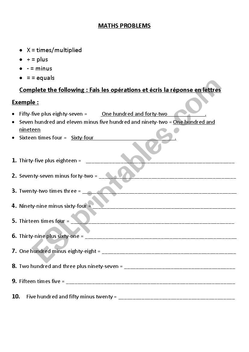 Maths problems worksheet