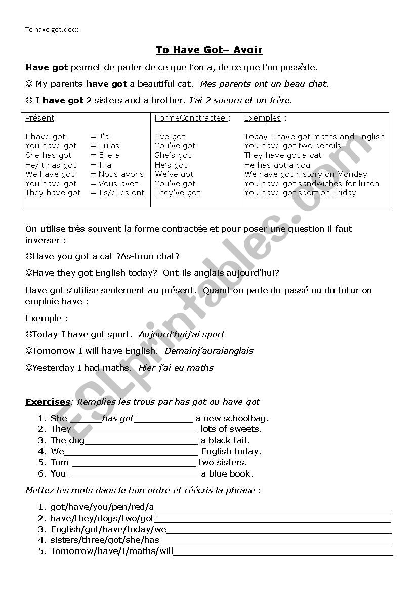To have got  - exercises worksheet