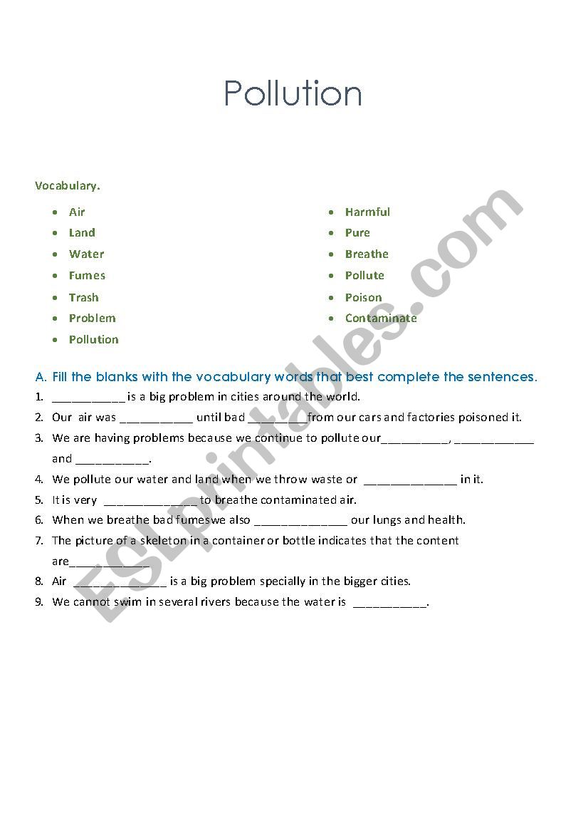 pollution worksheet