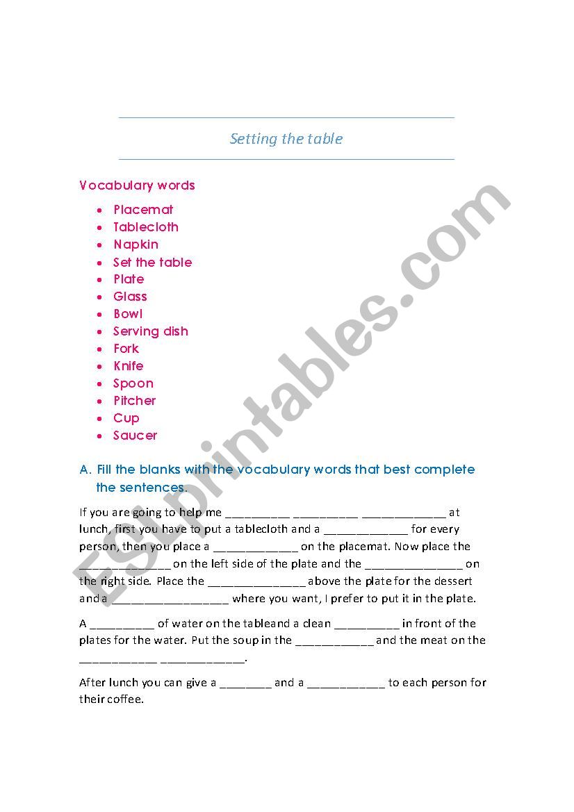 setting the table worksheet