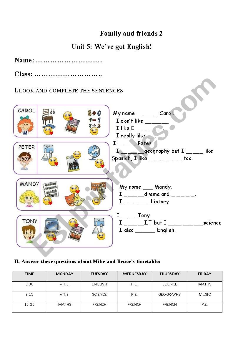 Family and friends 2 unit 5 worksheet