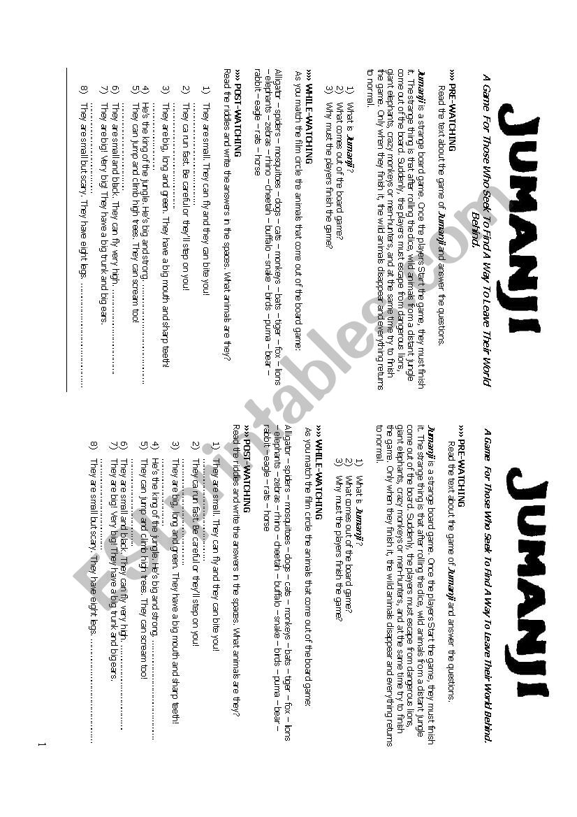 Jumanji Video Worksheet #2 worksheet