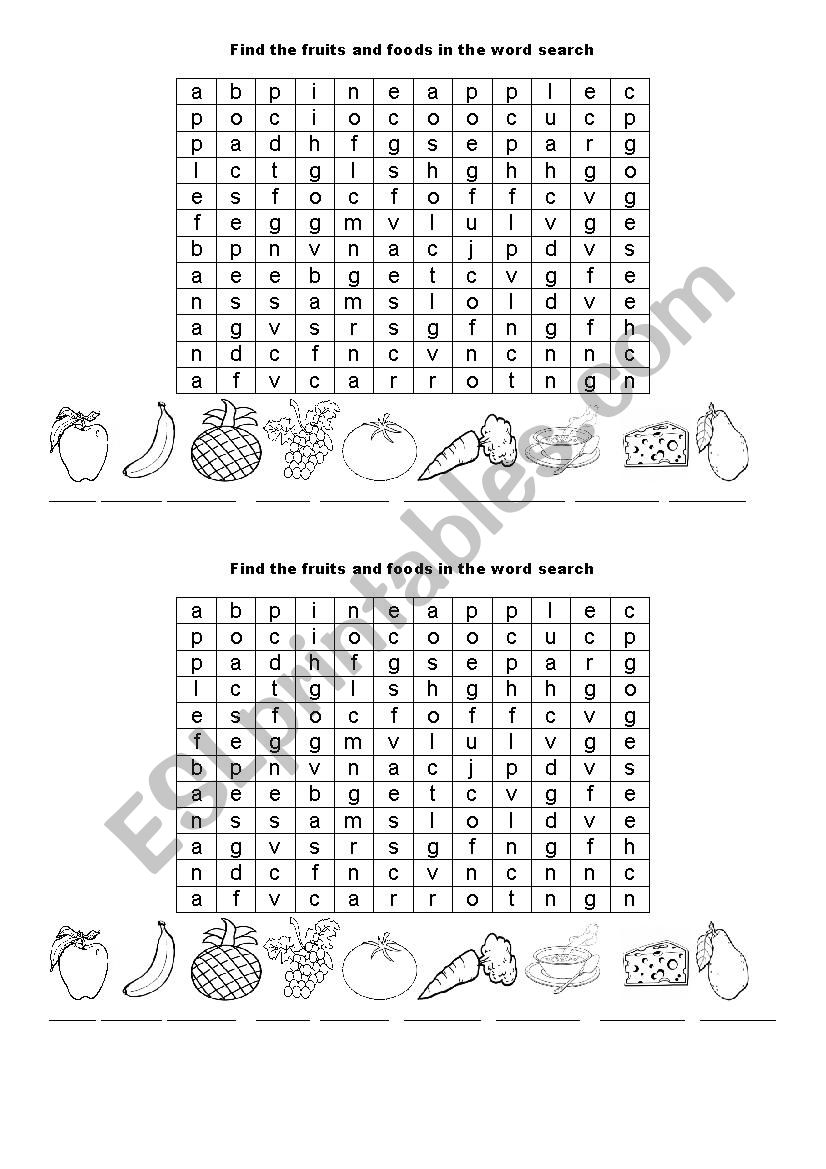 fruits and foods word search worksheet