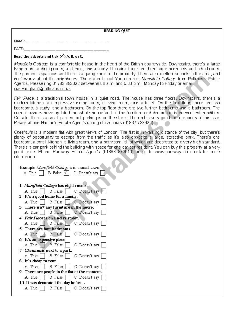 HOUSE DESCRIPTION worksheet