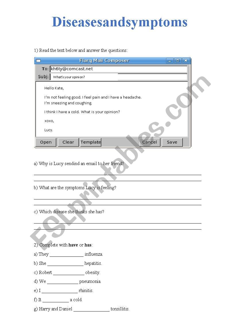 Diseases and symptoms worksheet