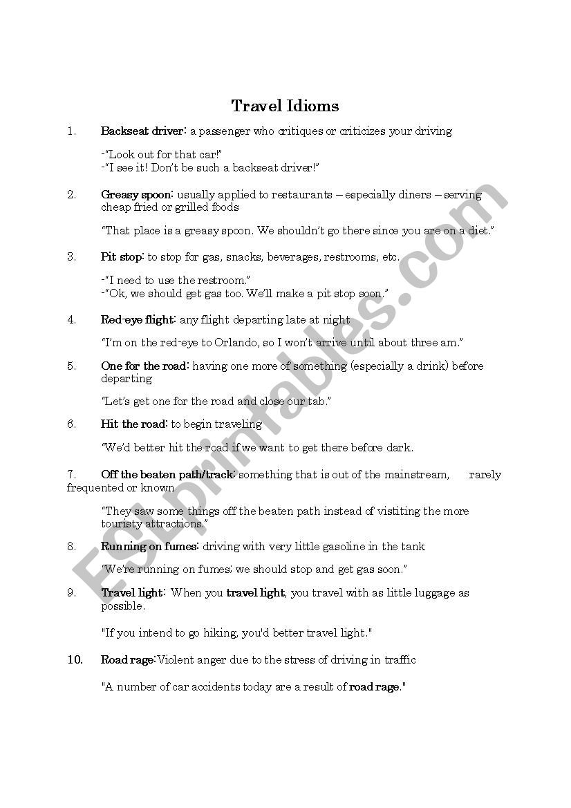 Travel Idioms worksheet