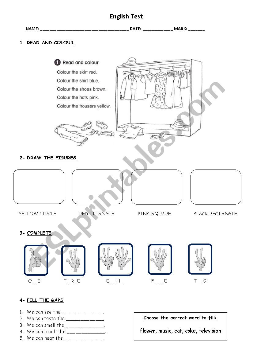 Evaluation test - colours, clothes, cardinal numbers, shapes, ordinal numbers, animals, 5 senses, transports, my town, emotions, food, time and daily routine