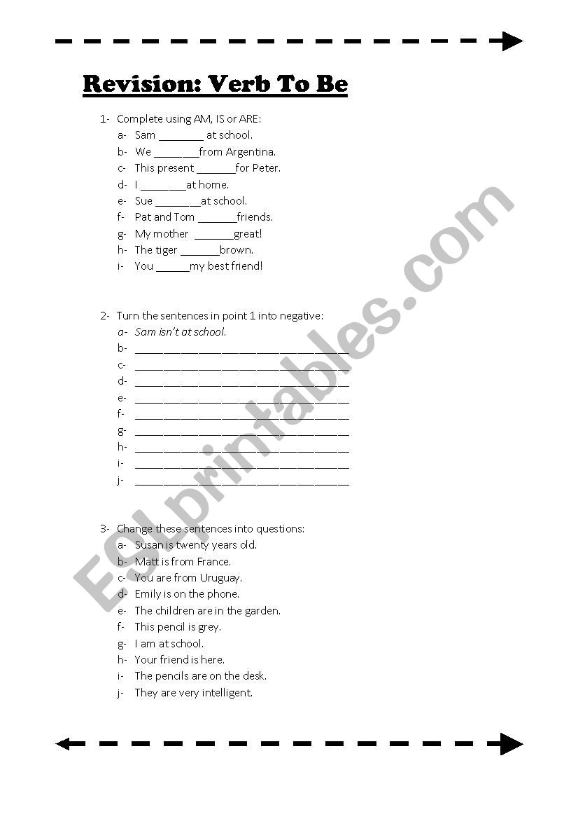 revision of verb to be worksheet