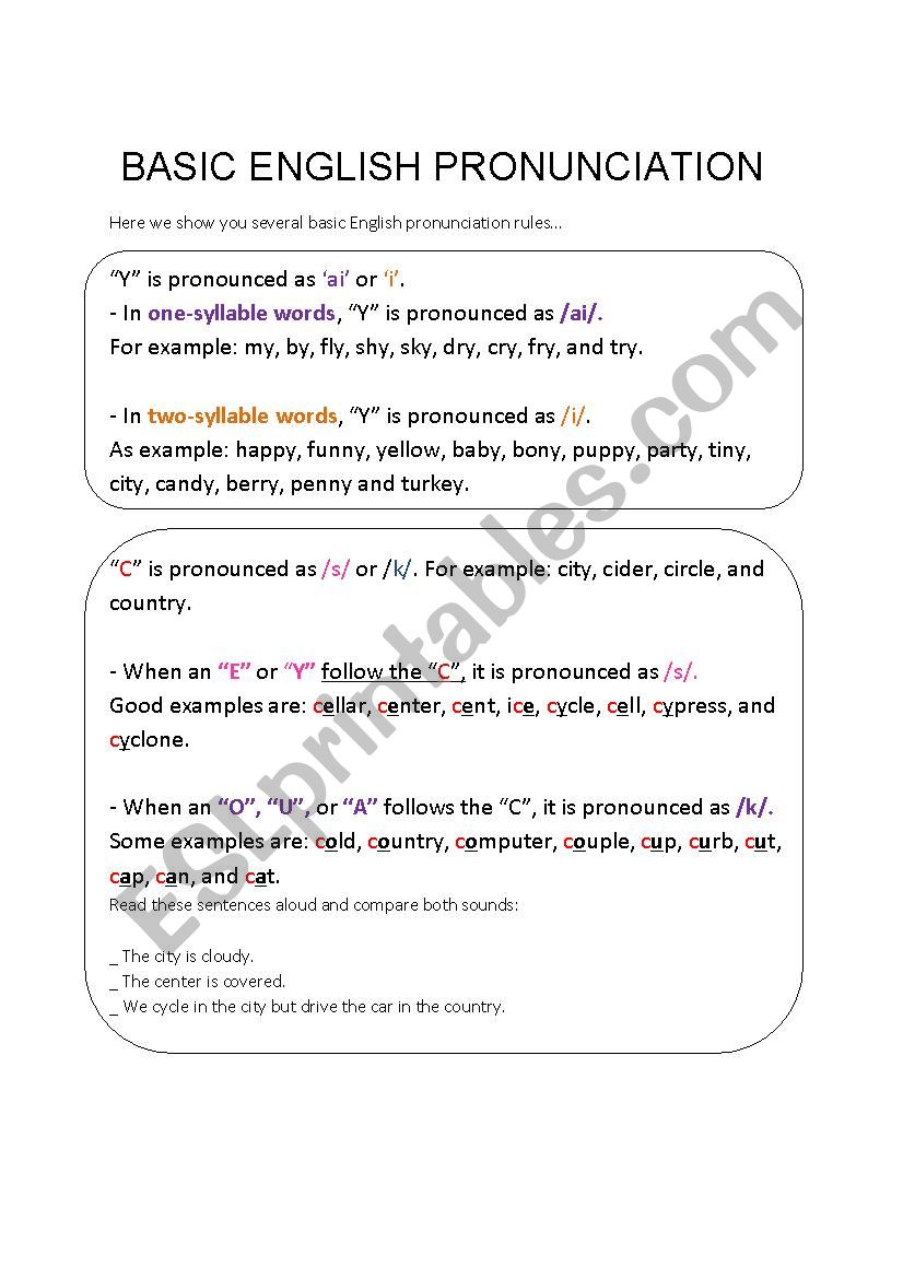 Basic English pronunciation worksheet