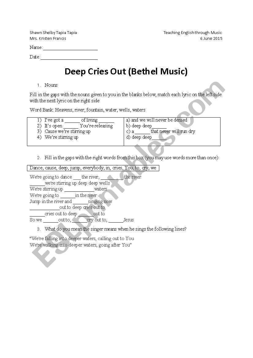 Deep Cries Out - Worksheet worksheet