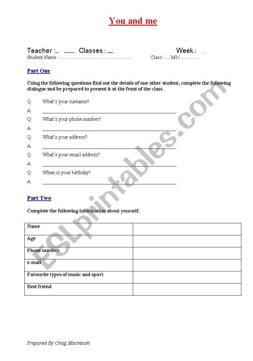 You and Me worksheet