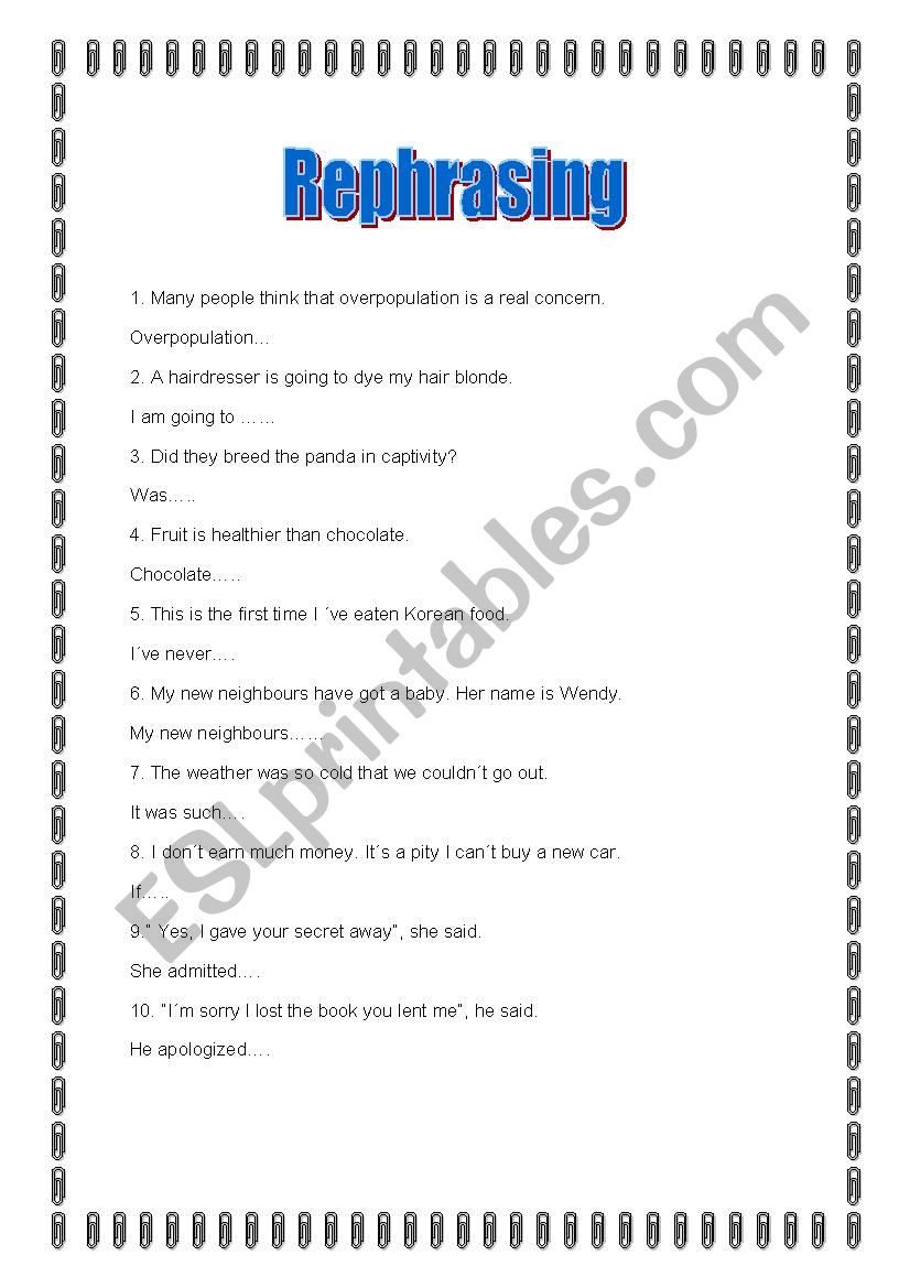 Rephrasing exercises worksheet