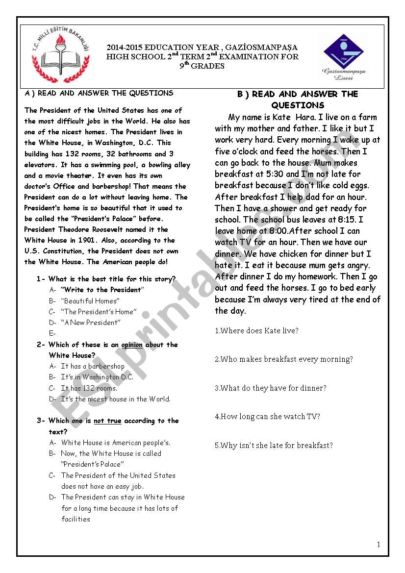 9th GRADE MAKE-UP EXAM worksheet