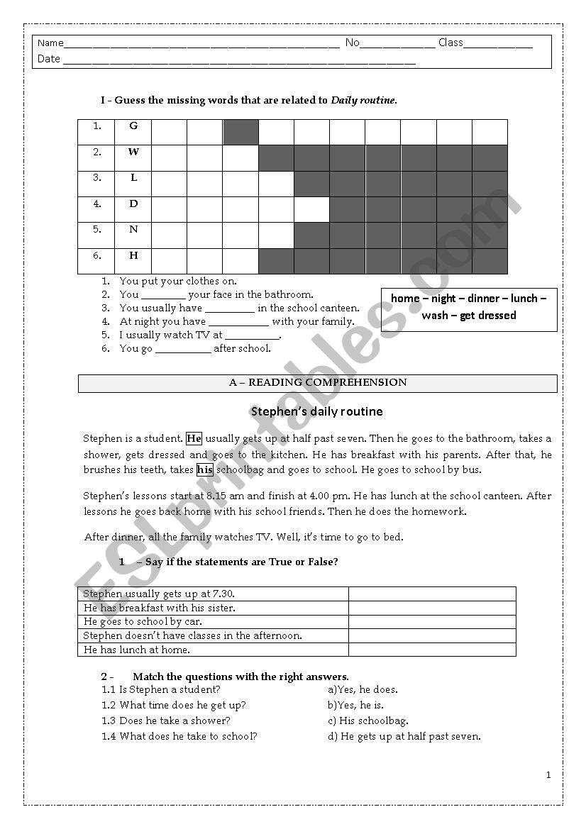 DAILY ROUTINE TEST worksheet