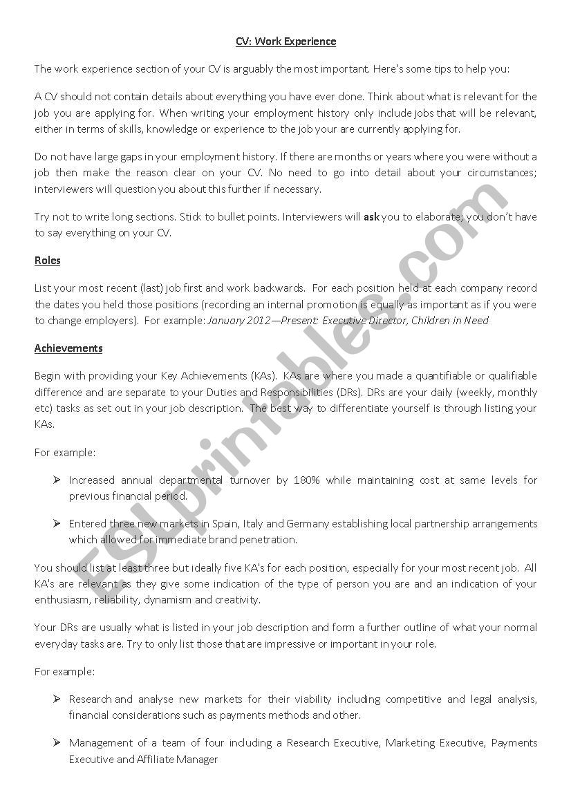 CV Writing - Work Experience worksheet