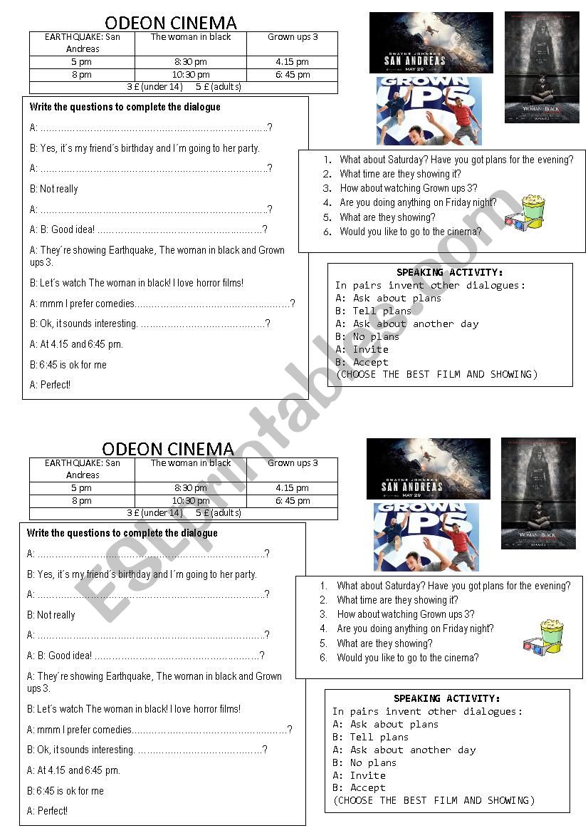 Cinema plans worksheet