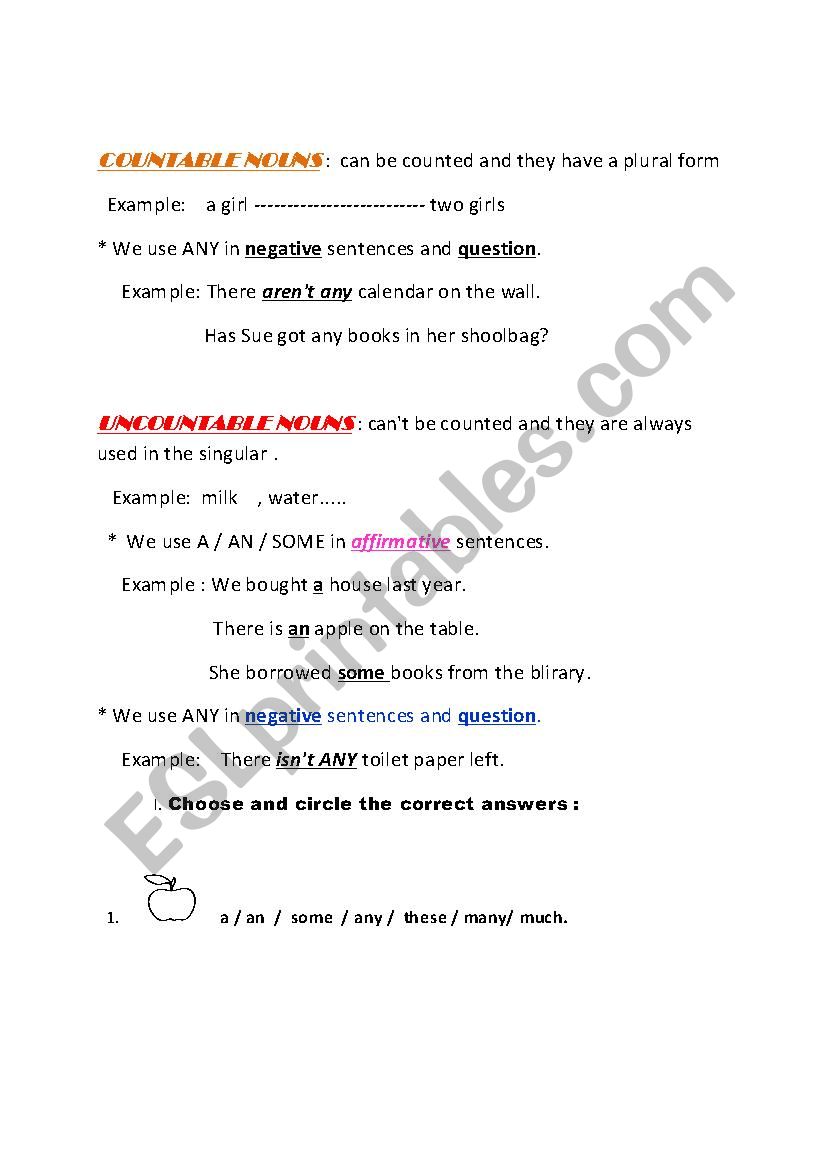 COUNTABLE and UNCOUNTABLE NOUNS