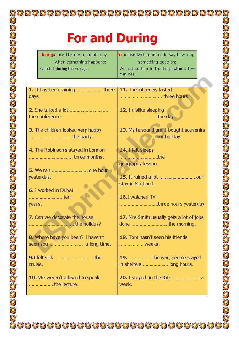 During and For worksheet