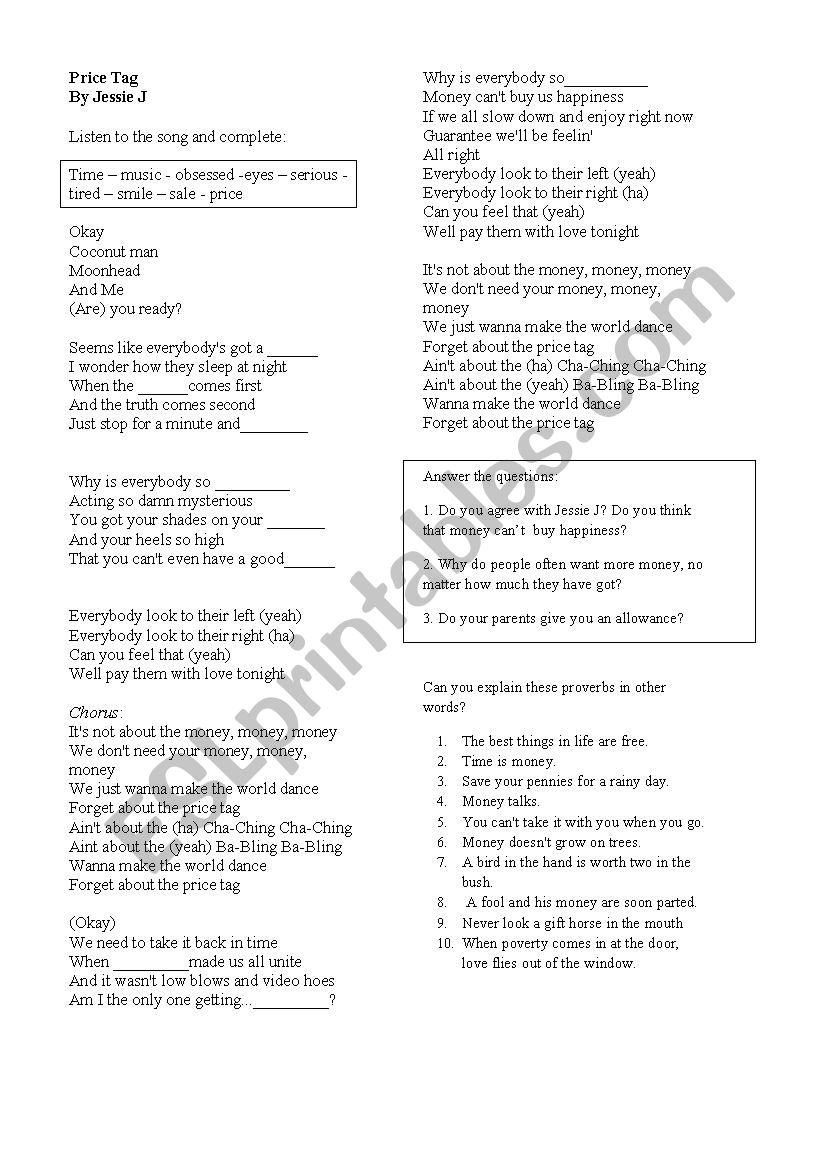 Price tag worksheet