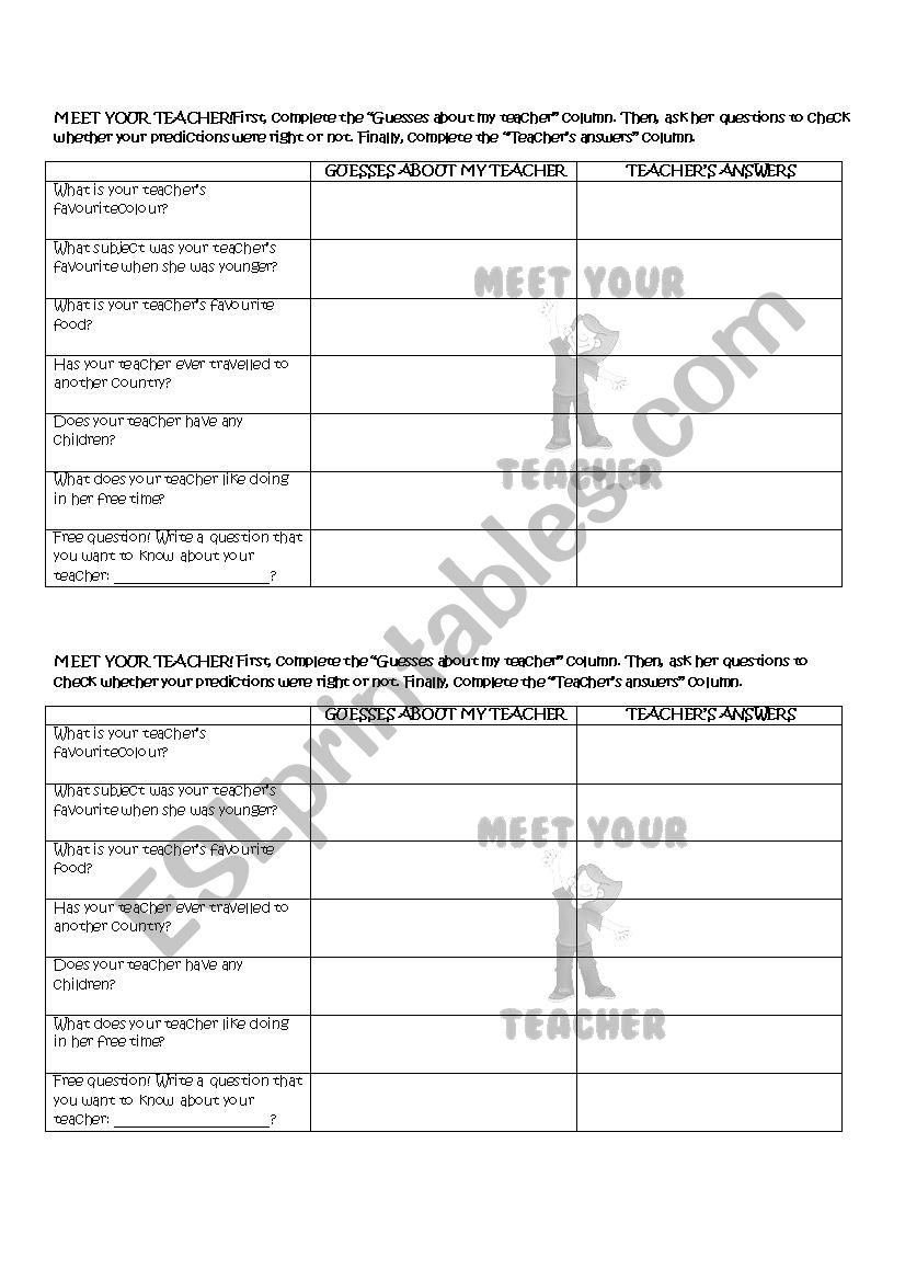 MEET YOUR TEACHER worksheet