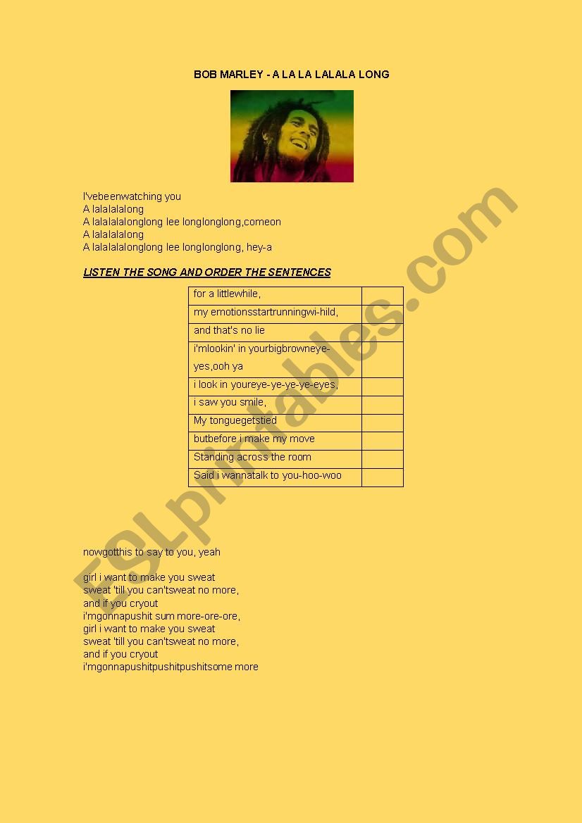 A la lalala song worksheet