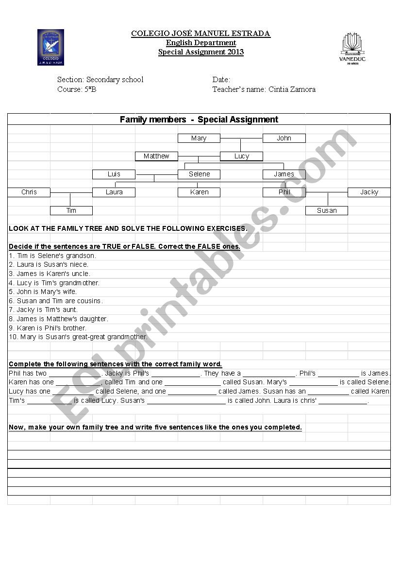 Family members worksheet