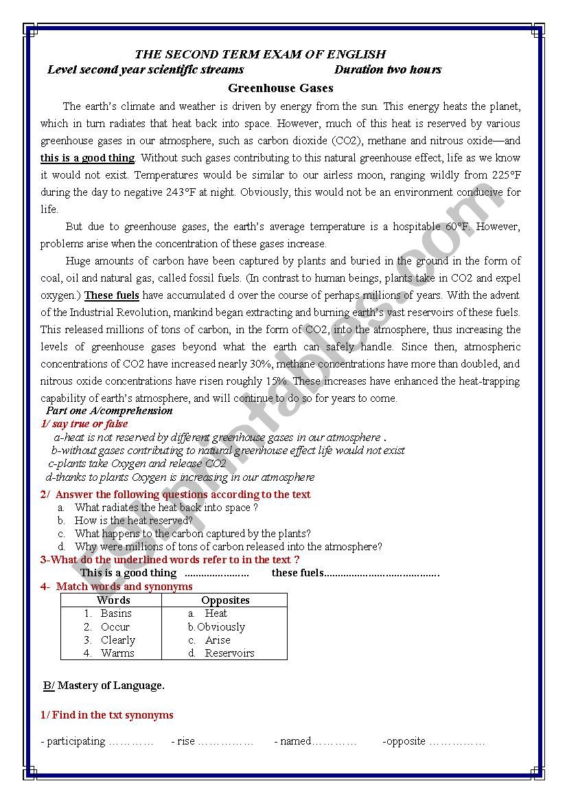 the second term Exam of english about greenhouse