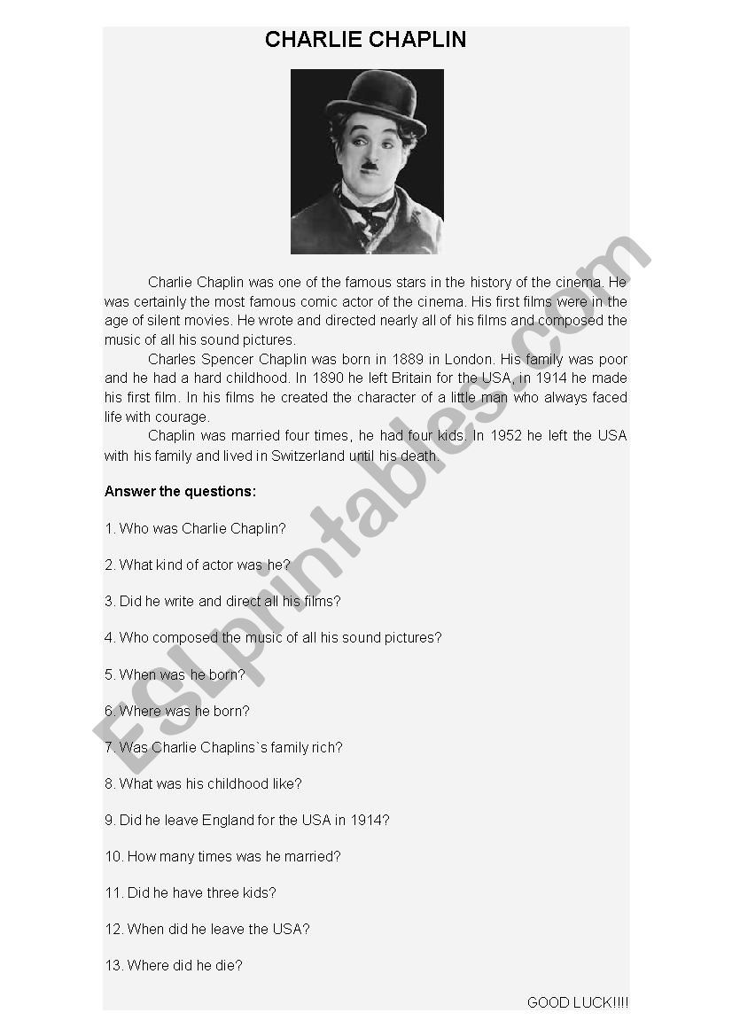 Biography Charlie Chaplin worksheet