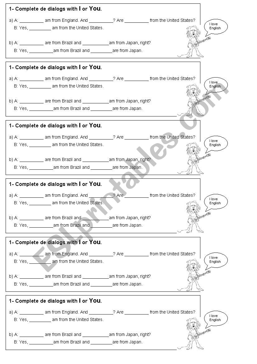 Subjects Pronouns - I and You worksheet