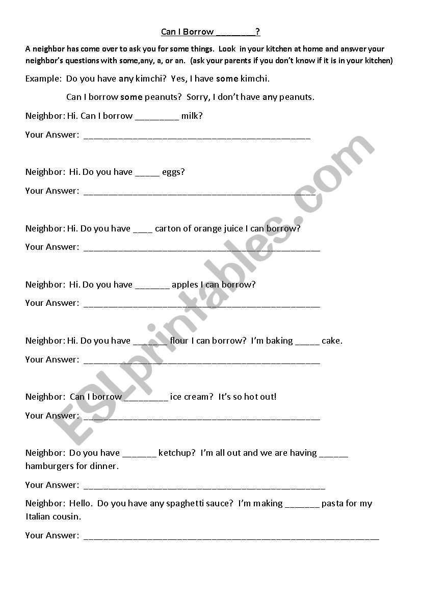 Some, Any, A, or An Usage worksheet