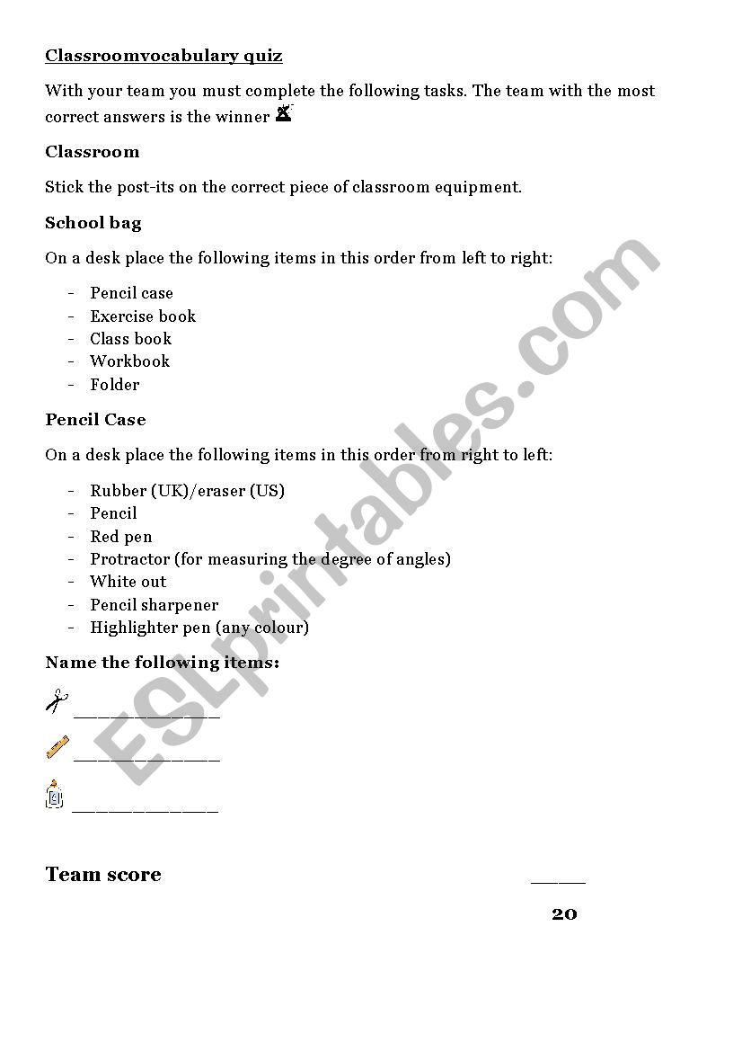 Classroom vocabulary quiz worksheet