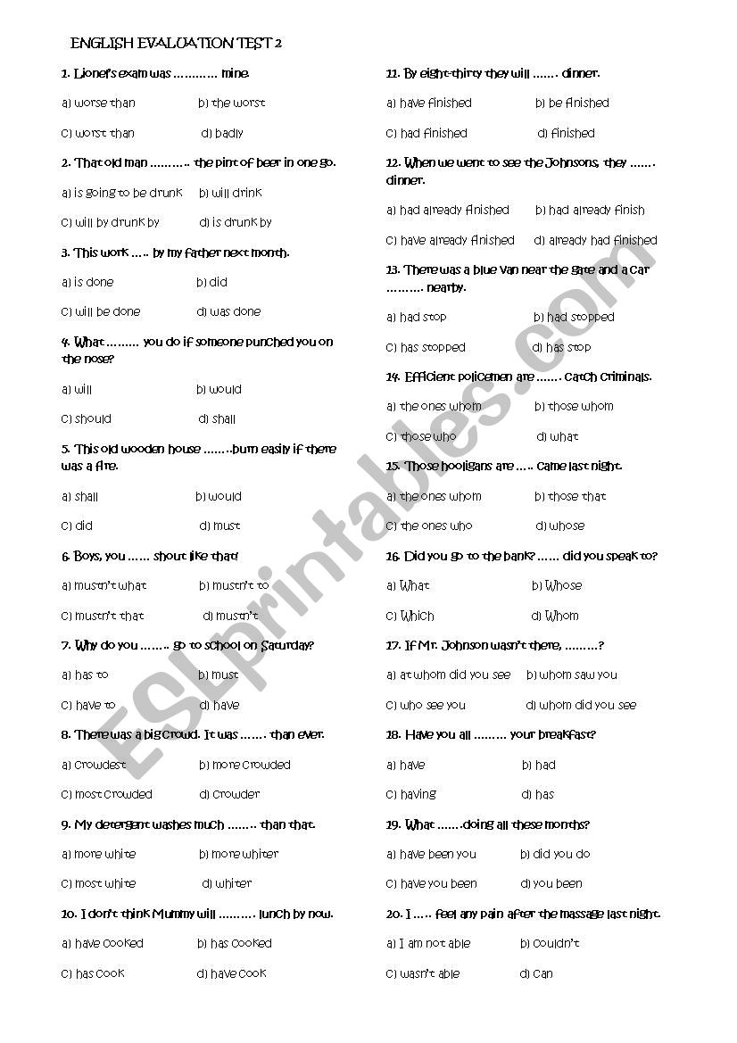 ENGLISH EVALUATION TEST 2 worksheet