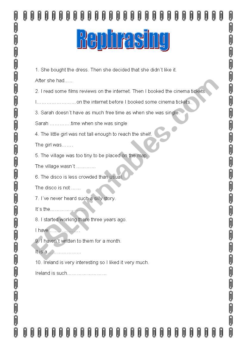 Rephrasing exercises worksheet